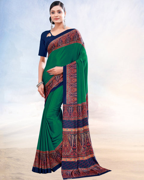 Dark Green Printed Digital Print Crepe Saree