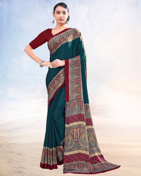 Peacock Blue Printed Digital Print Crepe Saree