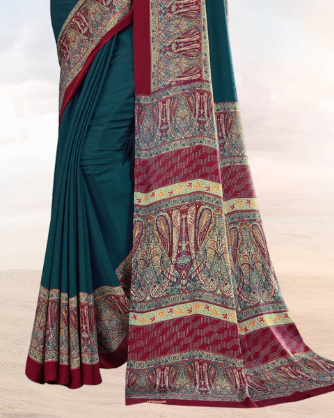 Peacock Blue Printed Digital Print Crepe Saree