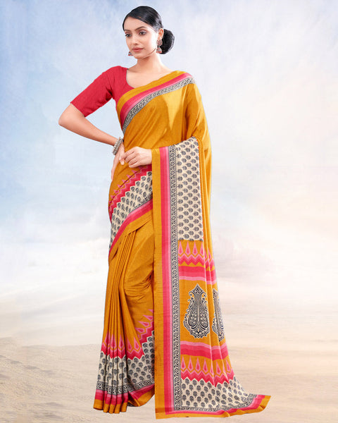 Mustard Printed Digital Print Crepe Saree