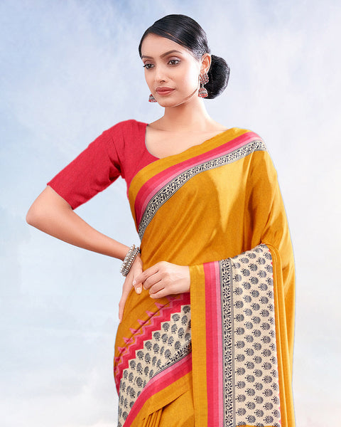 Mustard Printed Digital Print Crepe Saree