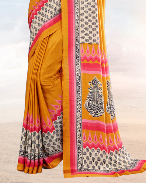 Mustard Printed Digital Print Crepe Saree