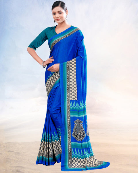 Royal Blue Printed Digital Print Crepe Saree