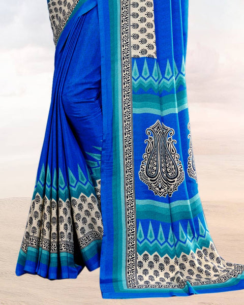 Royal Blue Printed Digital Print Crepe Saree