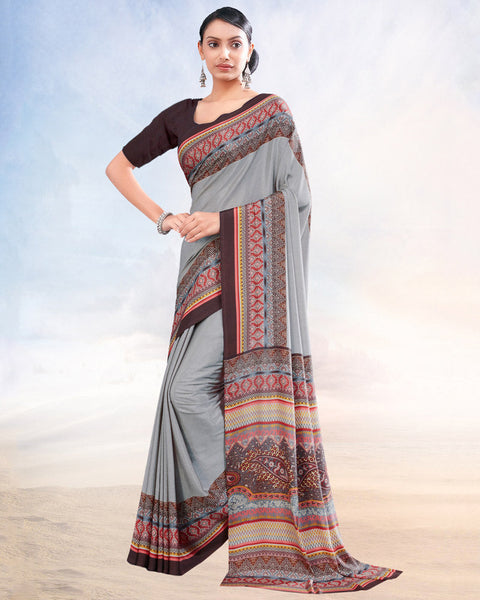 Silver Printed Digital Print Crepe Saree