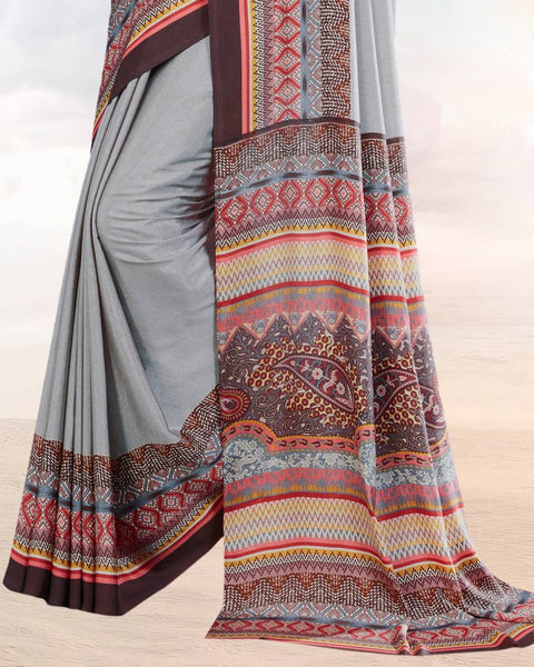 Silver Printed Digital Print Crepe Saree