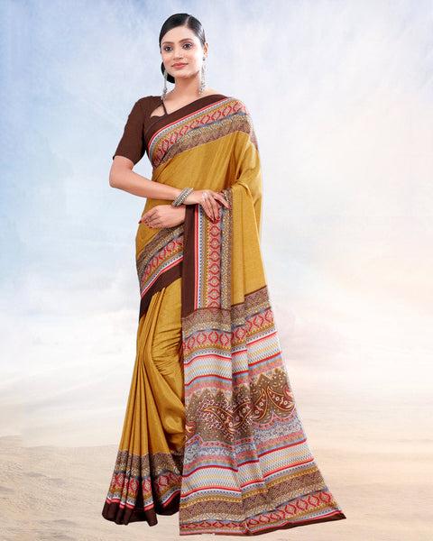 Mustard Printed Digital Print Crepe Saree