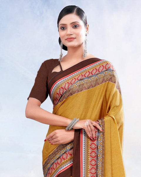Mustard Printed Digital Print Crepe Saree