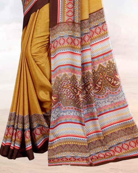 Mustard Printed Digital Print Crepe Saree