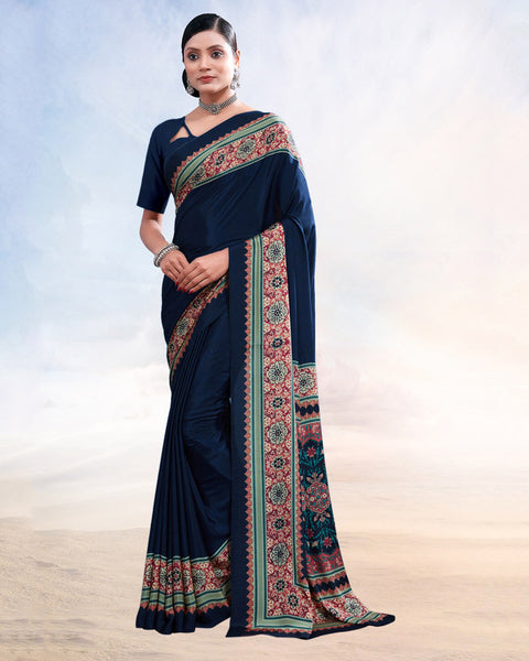 Dark Navy Blue Printed Digital Print Crepe Saree
