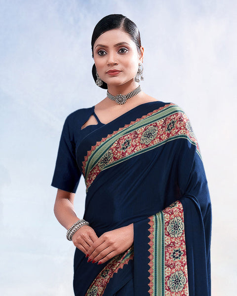 Dark Navy Blue Printed Digital Print Crepe Saree