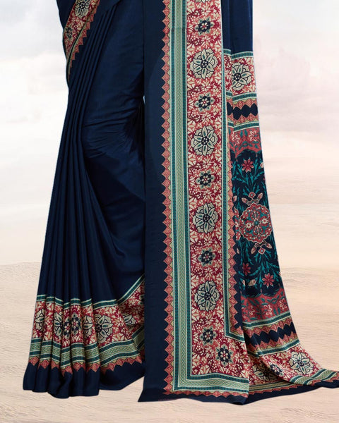 Dark Navy Blue Printed Digital Print Crepe Saree
