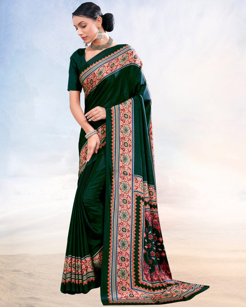 Bottle Green Printed Digital Print Crepe Saree