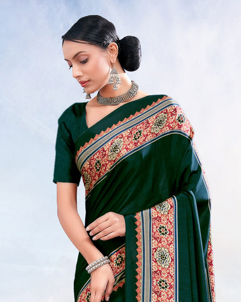 Bottle Green Printed Digital Print Crepe Saree