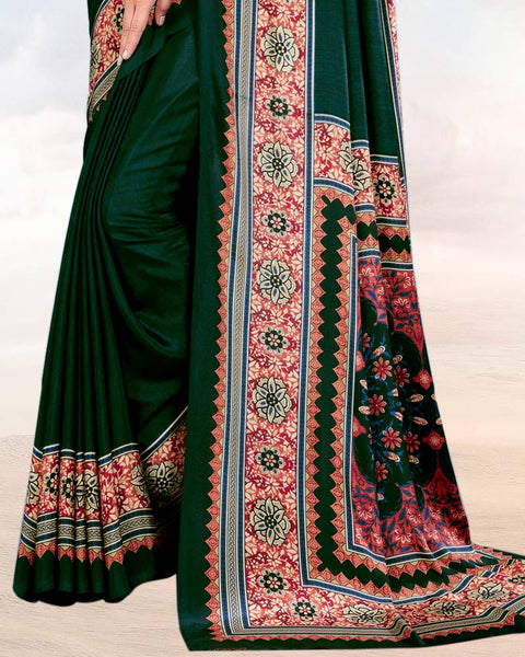 Bottle Green Printed Digital Print Crepe Saree
