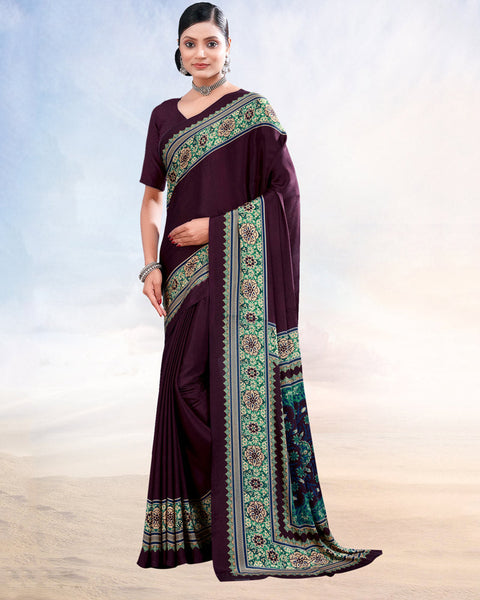 Dark Wine Printed Digital Print Crepe Saree