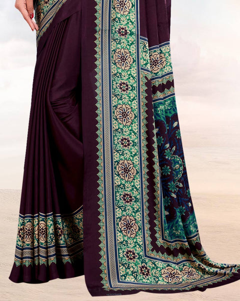 Dark Wine Printed Digital Print Crepe Saree