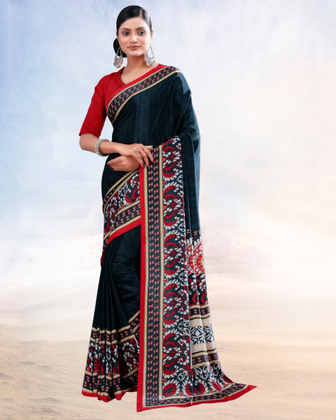 Charcoal Blue Printed Digital Print Crepe Saree