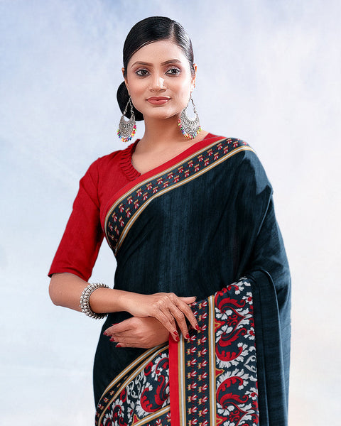 Charcoal Blue Printed Digital Print Crepe Saree