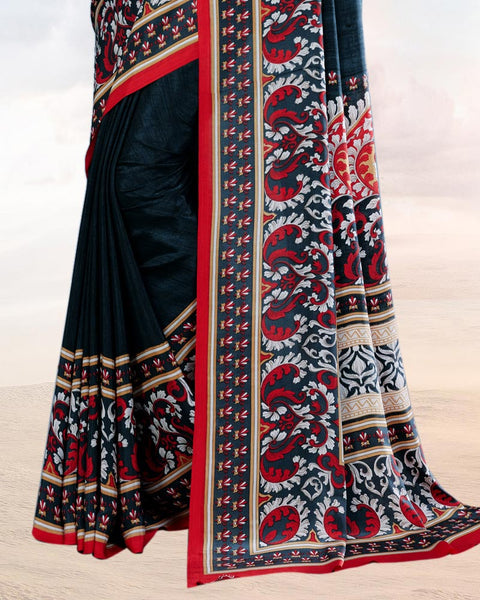 Charcoal Blue Printed Digital Print Crepe Saree