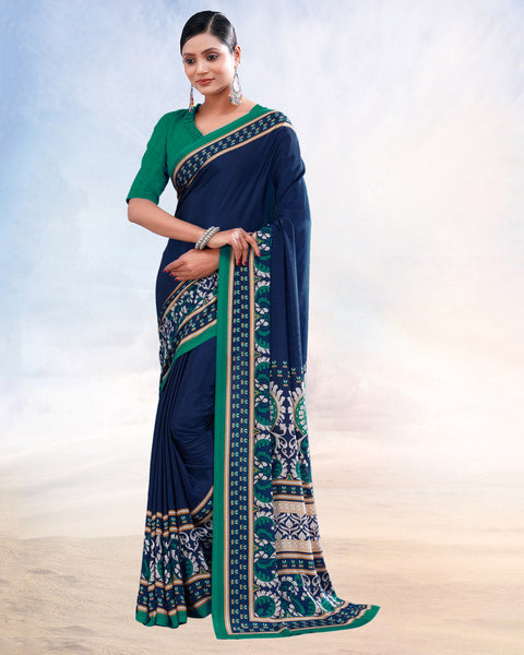 Royal Blue Printed Digital Print Crepe Saree