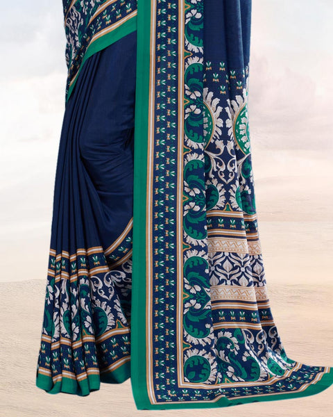 Royal Blue Printed Digital Print Crepe Saree