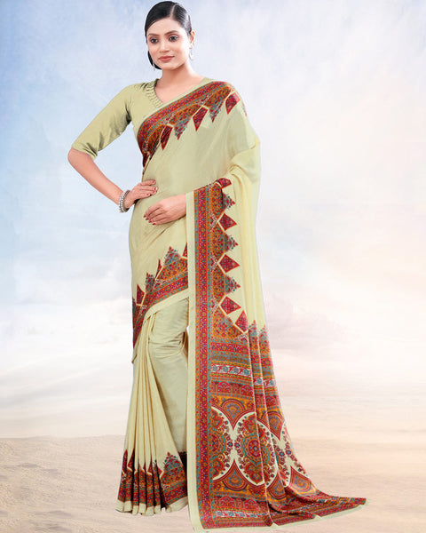 Pastel Beige Printed Digital Print Crepe Saree