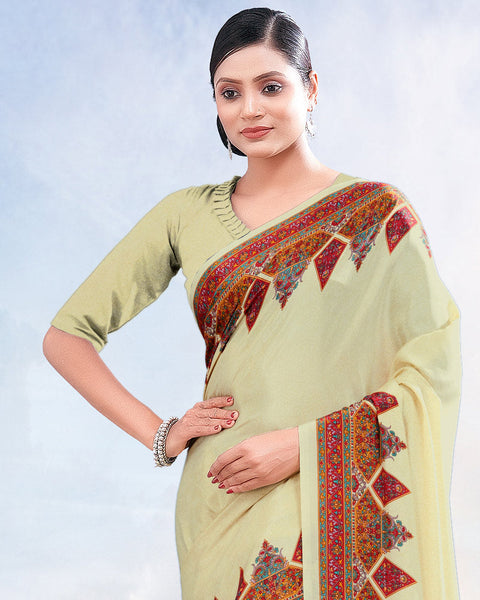 Pastel Beige Printed Digital Print Crepe Saree