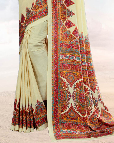 Pastel Beige Printed Digital Print Crepe Saree