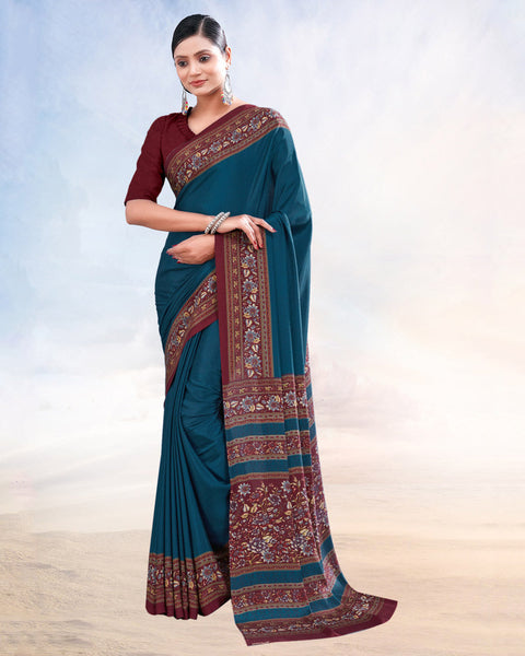 Peacock Blue Printed Digital Print Crepe Saree