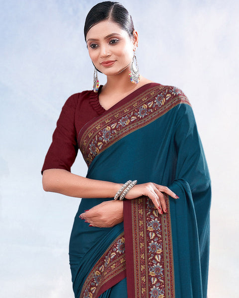 Peacock Blue Printed Digital Print Crepe Saree