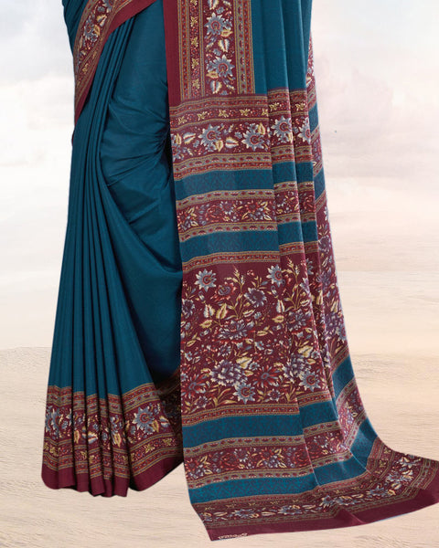 Peacock Blue Printed Digital Print Crepe Saree