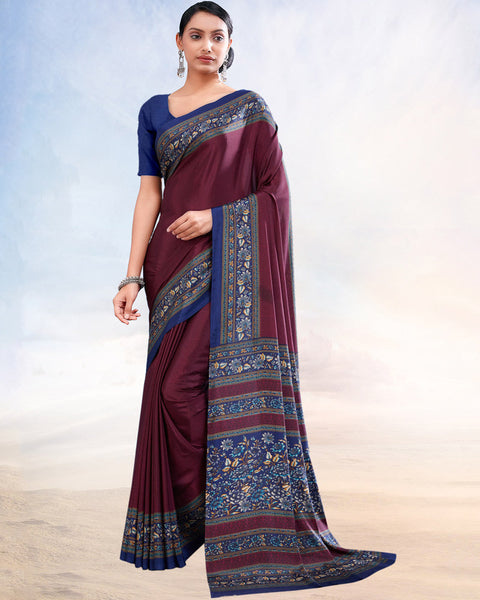 Wine Berry Printed Digital Print Crepe Saree