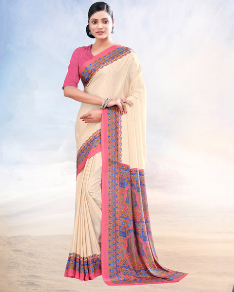 Off White Printed Digital Print Crepe Saree