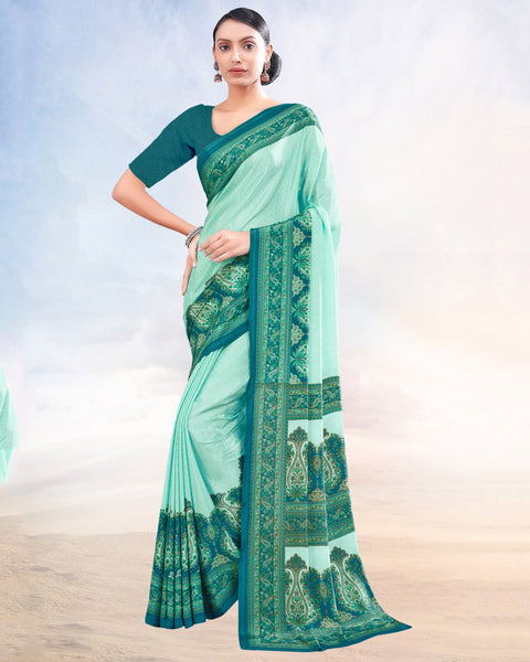 Pastel Teal Green Printed Digital Print Crepe Saree