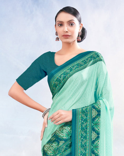 Pastel Teal Green Printed Digital Print Crepe Saree