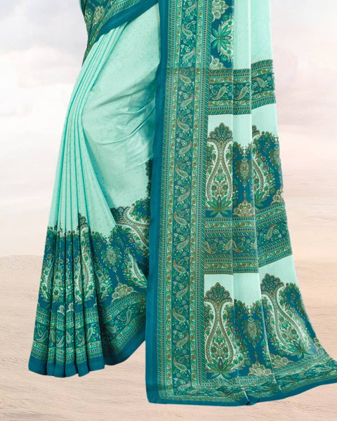 Pastel Teal Green Printed Digital Print Crepe Saree