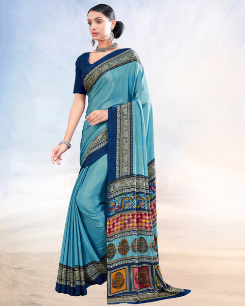 Dark Pastel Blue Printed Digital Print Crepe Saree