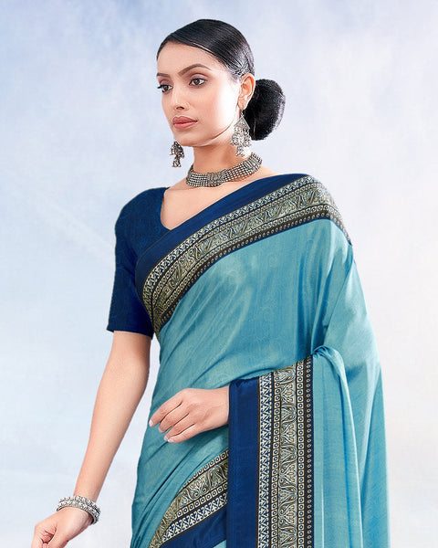 Dark Pastel Blue Printed Digital Print Crepe Saree