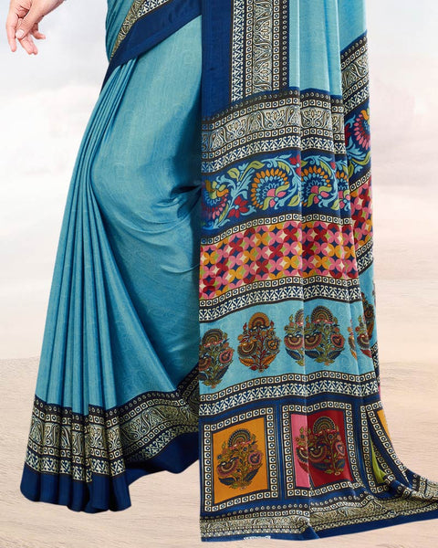 Dark Pastel Blue Printed Digital Print Crepe Saree