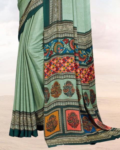 Pastel Turquoise Green Printed Digital Print Crepe Saree