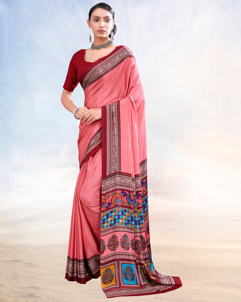 Salmon Pink Printed Digital Print Crepe Saree