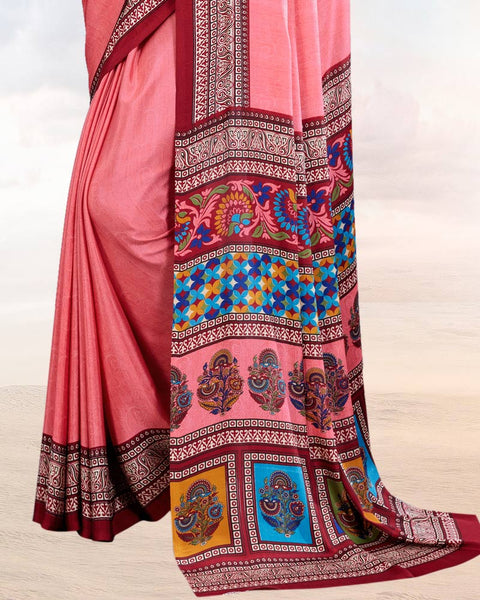 Salmon Pink Printed Digital Print Crepe Saree
