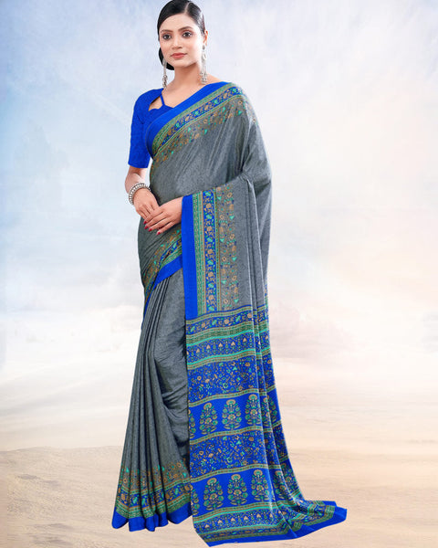 Pale Sky Grey Printed Digital Print Crepe Saree