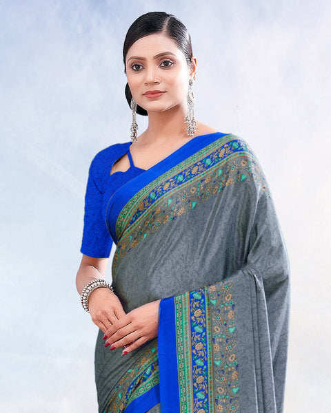 Pale Sky Grey Printed Digital Print Crepe Saree