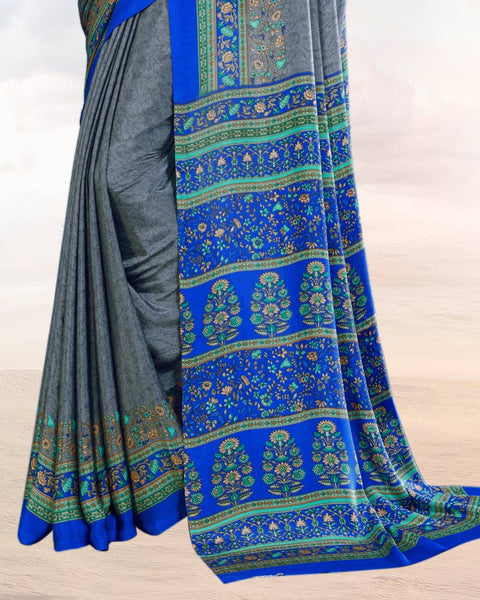 Pale Sky Grey Printed Digital Print Crepe Saree
