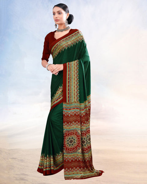 Bottle Green Printed Digital Print Crepe Saree