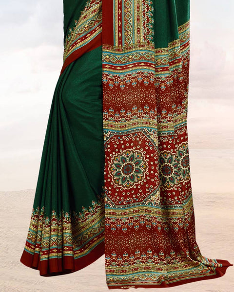 Bottle Green Printed Digital Print Crepe Saree