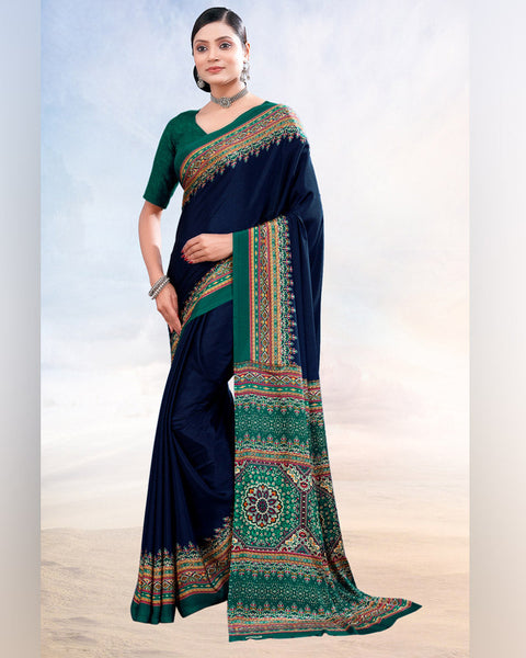 Dark Navy Blue Printed Digital Print Crepe Saree