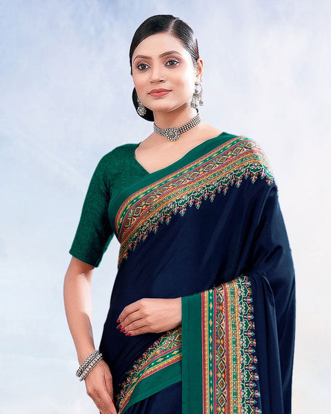 Dark Navy Blue Printed Digital Print Crepe Saree